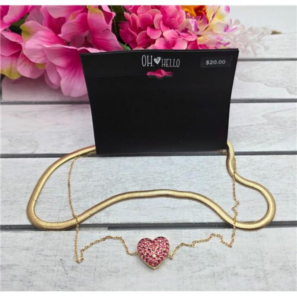 Oh Hello Gold Tone Necklace Set Pink Crystal Heart Herringbone Chain 2 Piece Adj